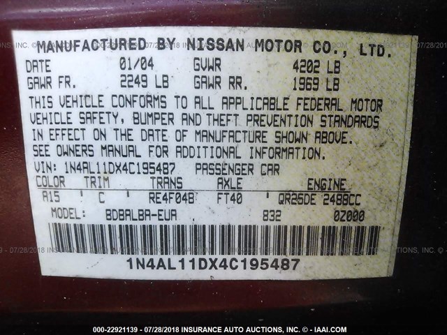 1N4AL11DX4C195487 - 2004 NISSAN ALTIMA S/SL RED photo 9