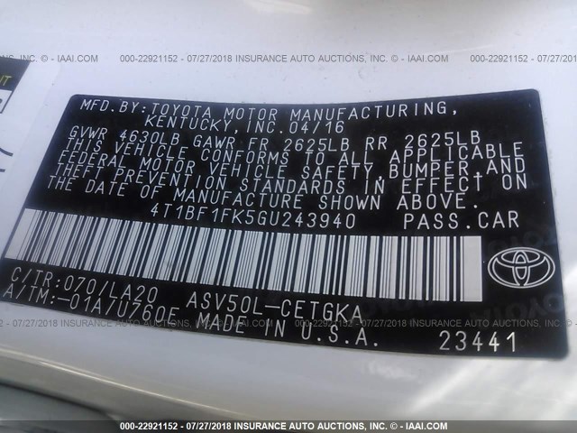 4T1BF1FK5GU243940 - 2016 TOYOTA CAMRY LE/XLE/SE/XSE 白色 照片 9