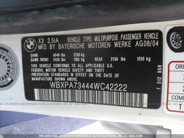 WBXPA73444WC42222 - 2004 BMW X3 2.5I WHITE photo 9