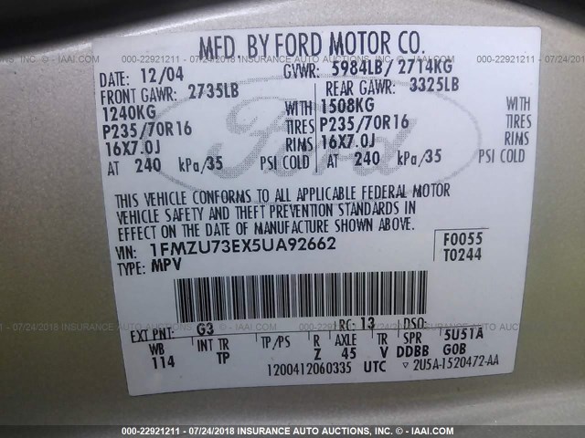 1FMZU73EX5UA92662 - 2005 FORD EXPLORER XLT/XLT SPORT/NBX 米色 照片 9