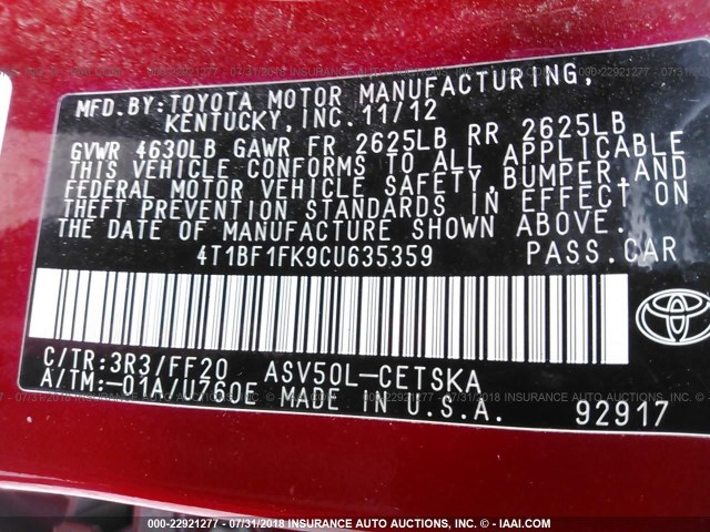 4T1BF1FK9CU635359 - 2012 TOYOTA CAMRY SE/LE/XLE წითელი ფოტო 9