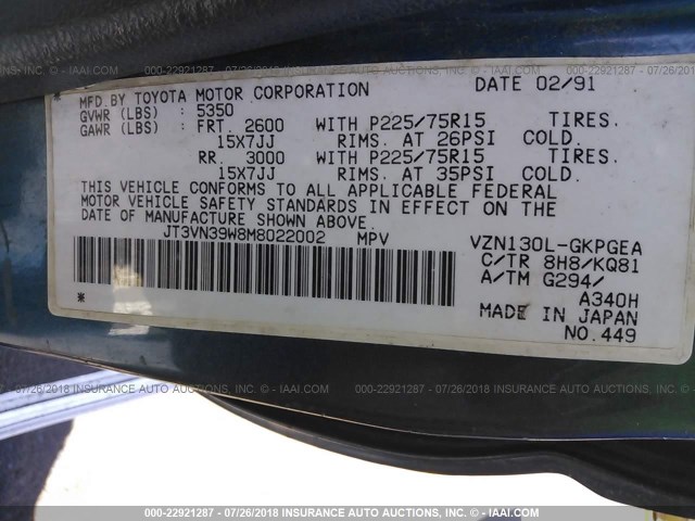 JT3VN39W8M8022002 - 1991 TOYOTA 4RUNNER VN39 SR5 蓝色 照片 9