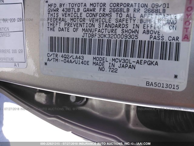 JTDBF30K320009305 - 2002 TOYOTA CAMRY LE/XLE/SE 米色 照片 9