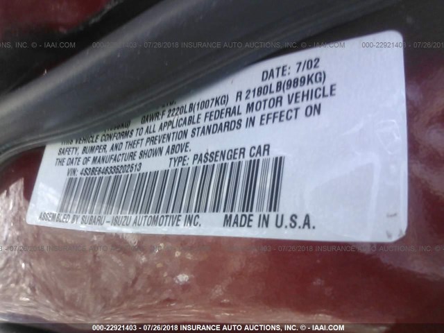 4S3BE646335202513 - 2003 SUBARU LEGACY GT BURGUNDY photo 9