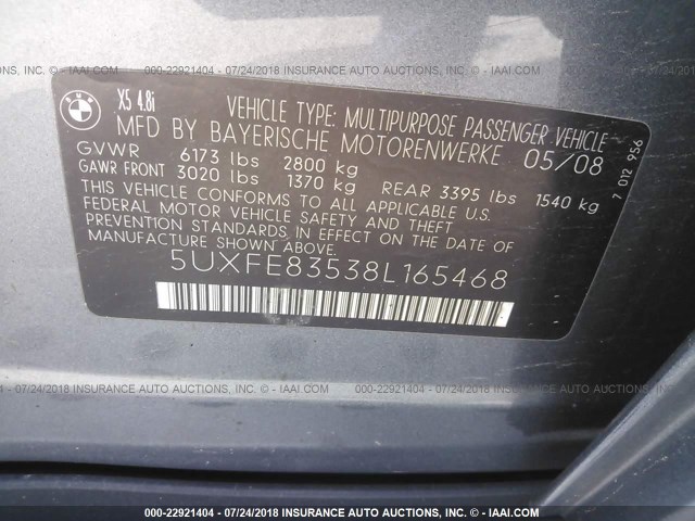 5UXFE83538L165468 - 2008 BMW X5 4.8I GRAY photo 9