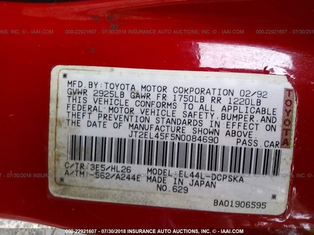 JT2EL45F5N0084690 - 1992 TOYOTA PASEO RED photo 9