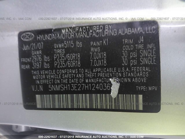 5NMSH13E27H124036 - 2007 HYUNDAI SANTA FE SE/LIMITED SILVER photo 9