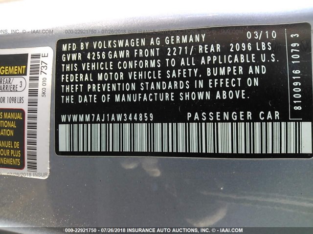 WVWMM7AJ1AW344859 - 2010 VOLKSWAGEN GOLF BLUE photo 9