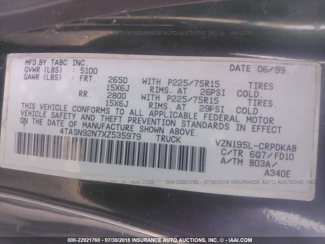 4TASN92N7XZ535979 - 1999 TOYOTA TACOMA XTRACAB PRERUNNER მწვანე ფოტო 9