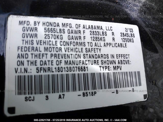 5FNRL18013B076681 - 2003 HONDA ODYSSEY EXL BLUE photo 9