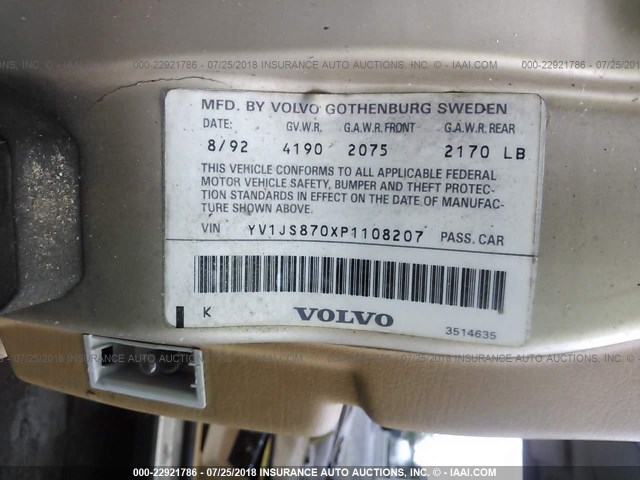 YV1JS870XP1108207 - 1993 VOLVO 940 TAN photo 9