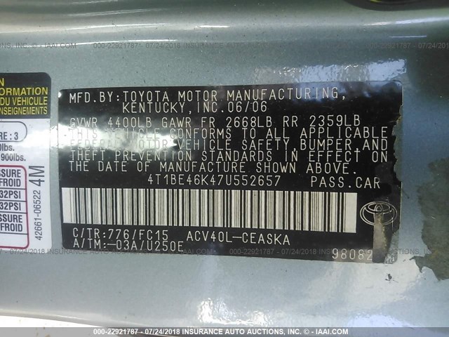 4T1BE46K47U552657 - 2007 TOYOTA CAMRY NEW GENERAT CE/LE/XLE/SE GREEN photo 9