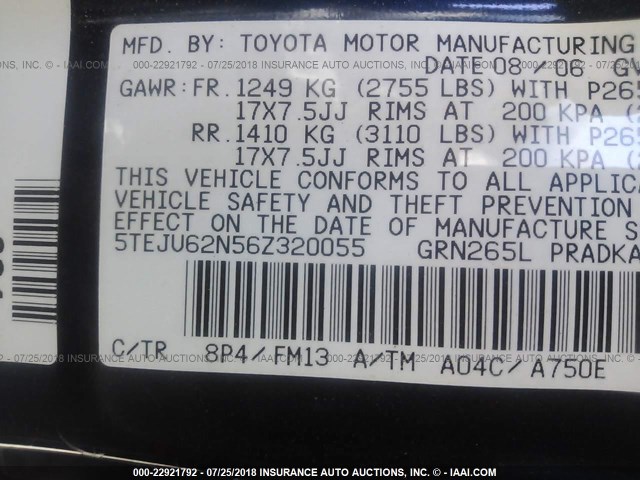 5TEJU62N56Z320055 - 2006 TOYOTA TACOMA DOUBLE CAB PRERUNNER BLUE photo 9
