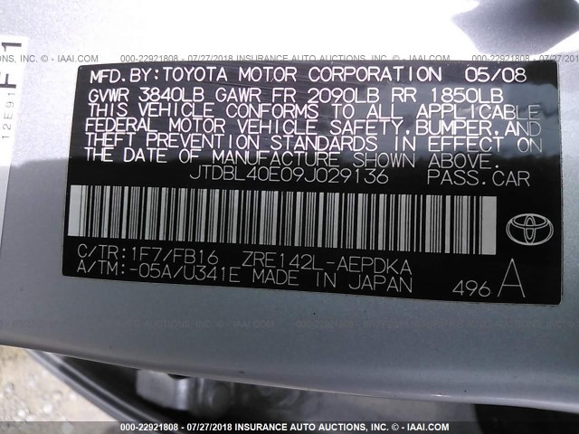 JTDBL40E09J029136 - 2009 TOYOTA COROLLA LE/XLE SILVER photo 9