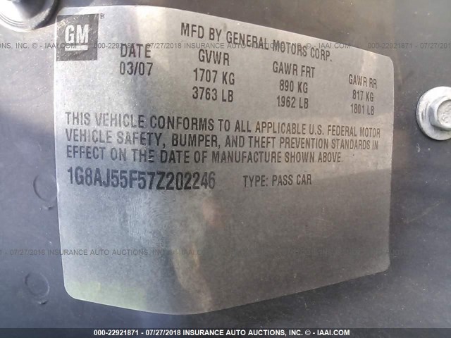 1G8AJ55F57Z202246 - 2007 SATURN ION LEVEL 2 Mavi foto 9