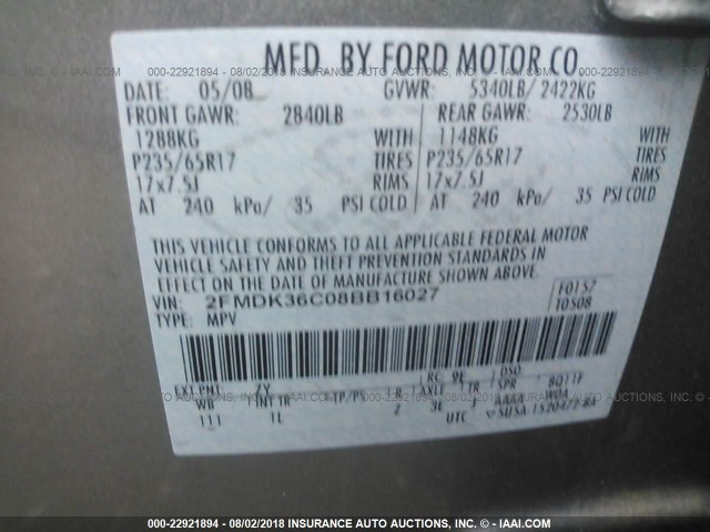 2FMDK36C08BB16027 - 2008 FORD EDGE SE SILVER photo 9