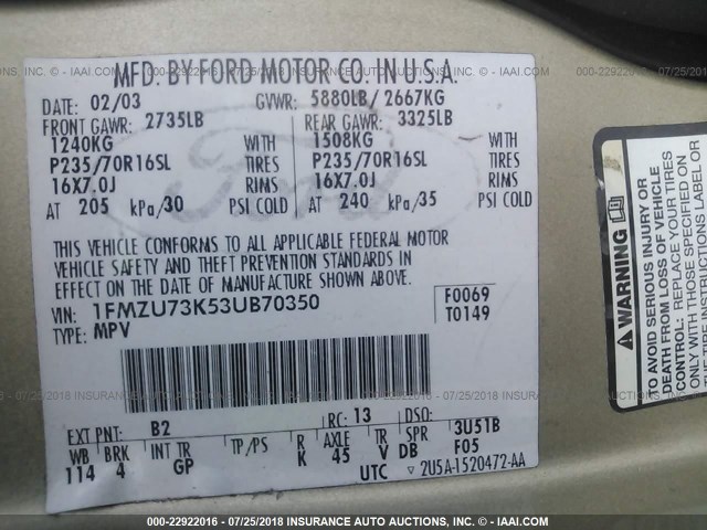 1FMZU73K53UB70350 - 2003 FORD EXPLORER XLT/XLT SPORT/NBX 金色 照片 9