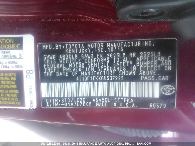 4T1BF1FKXGU537222 - 2016 TOYOTA CAMRY LE/XLE/SE/XSE RED photo 9
