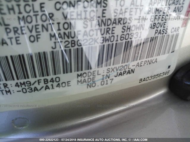 JT2BG22K9W0160331 - 1998 TOYOTA CAMRY CE/LE/XLE GOLD photo 9