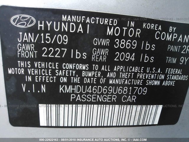 KMHDU46D69U681709 - 2009 HYUNDAI ELANTRA GLS/SE SILVER photo 9