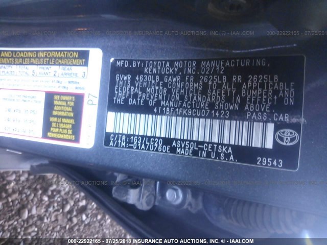 4T1BF1FK9CU071423 - 2012 TOYOTA CAMRY SE/LE/XLE ნაცრისფერი ფოტო 9