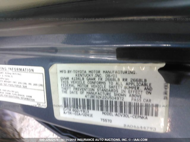 4T1BE32K22U504972 - 2002 TOYOTA CAMRY LE/XLE/SE Көк фото 9