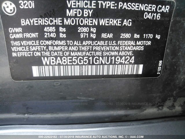 WBA8E5G51GNU19424 - 2016 BMW 320 XI GRAY photo 9