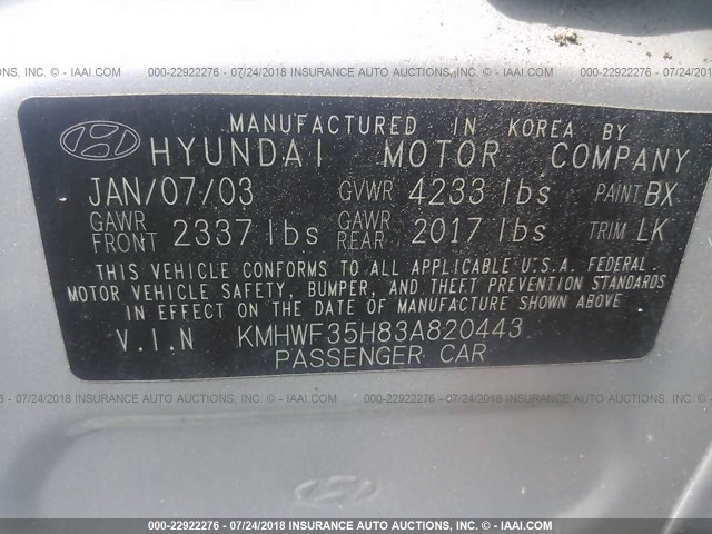 KMHWF35H83A820443 - 2003 HYUNDAI SONATA GLS/LX SILVER photo 9