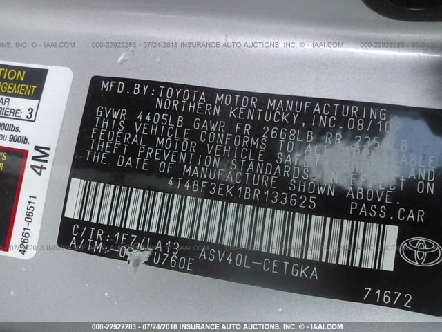 4T4BF3EK1BR133625 - 2011 TOYOTA CAMRY SE/LE/XLE SILVER photo 9