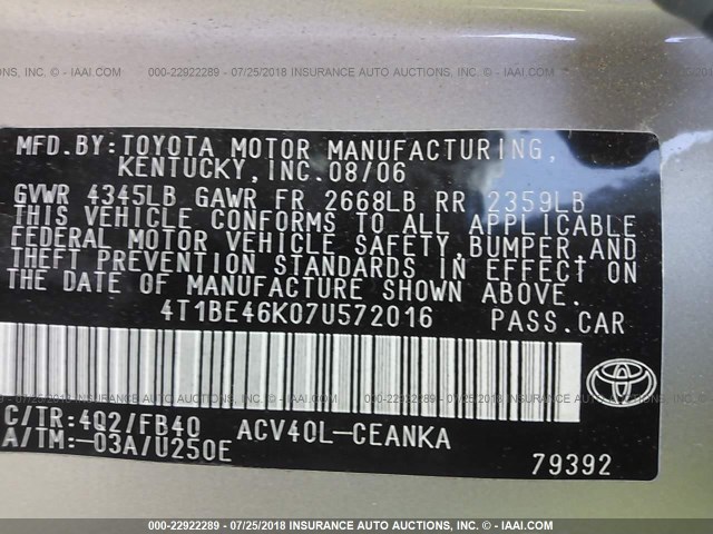 4T1BE46K07U572016 - 2007 TOYOTA CAMRY NEW GENERAT CE/LE/XLE/SE TAN photo 8