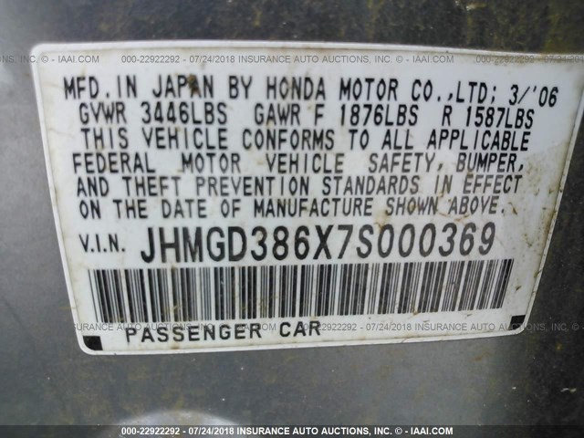 JHMGD386X7S000369 - 2007 HONDA FIT S 银色 照片 9