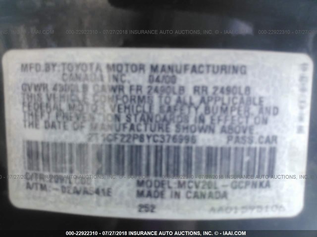 2T1CF22P8YC376996 - 2000 TOYOTA CAMRY SOLARA SE/SLE შავი ფოტო 9