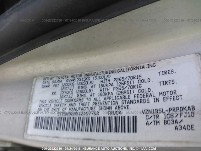 5TEGN92N94Z407768 - 2004 TOYOTA TACOMA DOUBLE CAB PRERUNNER SILVER photo 9