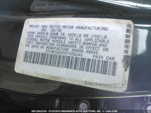 1Y1SK5284YZ425243 - 2000 CHEVROLET GEO PRIZM LSI 绿色 照片 9