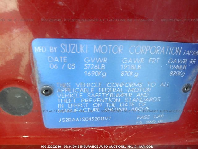 JS2RA61S045201077 - 2004 SUZUKI AERIO S/LX RED photo 9