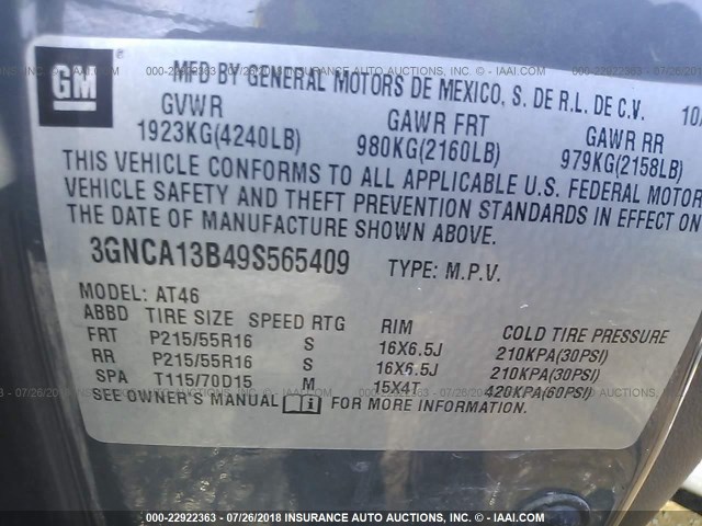 3GNCA13B49S565409 - 2009 CHEVROLET HHR LS Boz foto 9