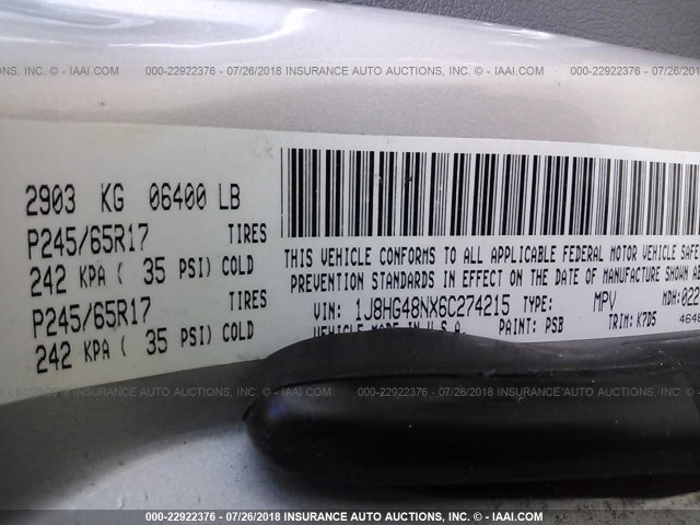 1J8HG48NX6C274215 - 2006 JEEP COMMANDER ვერცხლისფერი ფოტო 9