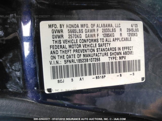 5FNRL18523B107268 - 2003 HONDA ODYSSEY LX Dark Blue photo 9