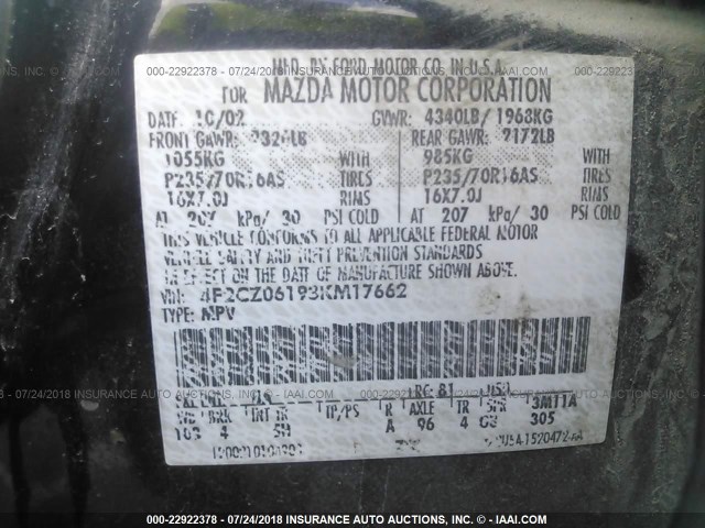 4F2CZ06193KM17662 - 2003 MAZDA TRIBUTE ES 黑色 照片 9