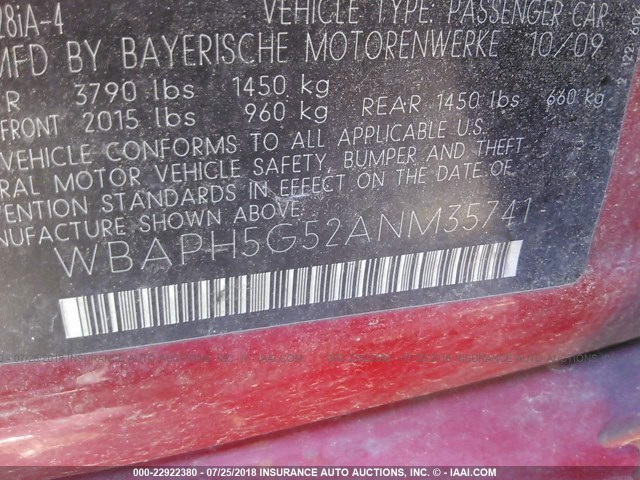 WBAPH5G52ANM35741 - 2010 BMW 328 I SULEV RED photo 9