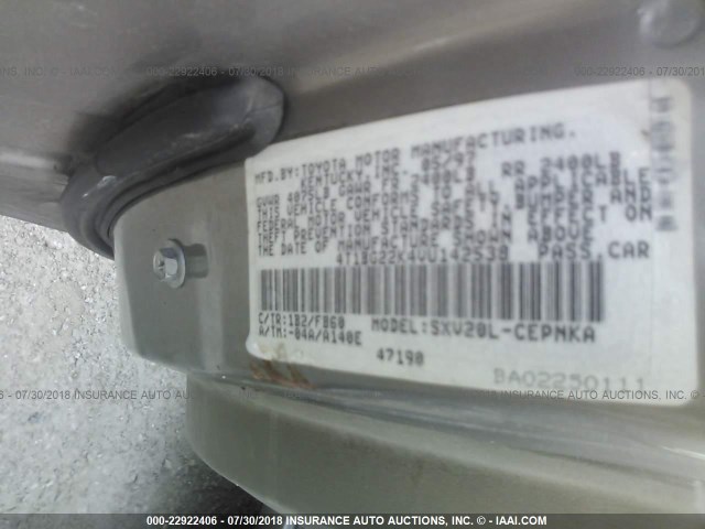 4T1BG22K4VU142538 - 1997 TOYOTA CAMRY CE/LE/XLE ბეჟი ფოტო 9