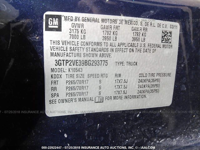 3GTP2VE39BG293775 - 2011 GMC SIERRA K1500 SLE Dark Blue photo 9