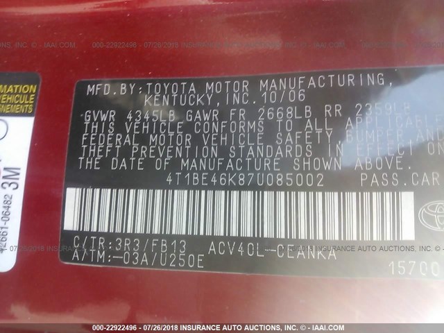 4T1BE46K87U085002 - 2007 TOYOTA CAMRY NEW GENERAT CE/LE/XLE/SE RED photo 9