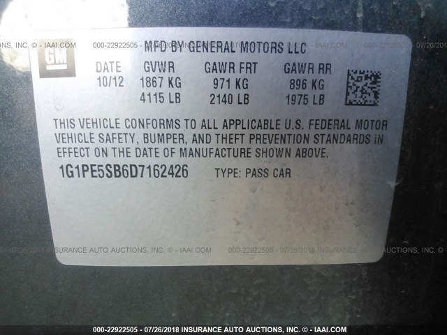 1G1PE5SB6D7162426 - 2013 CHEVROLET CRUZE LT GRAY photo 9