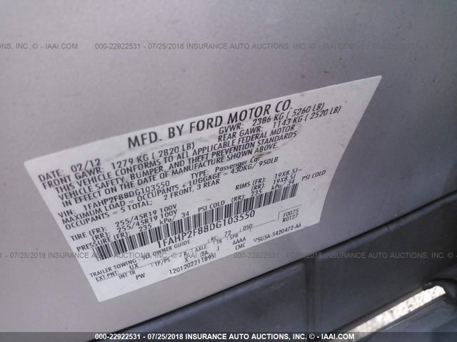 1FAHP2F88DG103550 - 2013 FORD TAURUS LIMITED SILVER photo 9