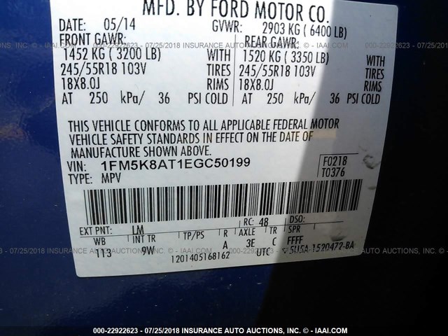 1FM5K8AT1EGC50199 - 2014 FORD EXPLORER POLICE INTERCEPTOR BLUE photo 9