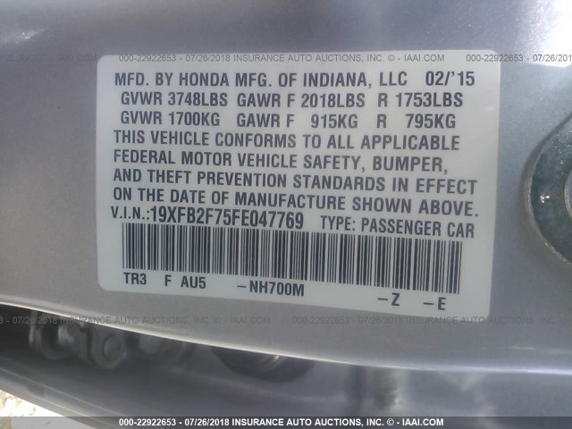 19XFB2F75FE047769 - 2015 HONDA CIVIC SE SILVER photo 9