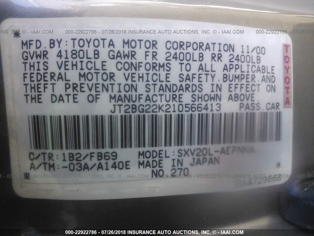 JT2BG22K210566413 - 2001 TOYOTA CAMRY CE/LE/XLE GRAY photo 9