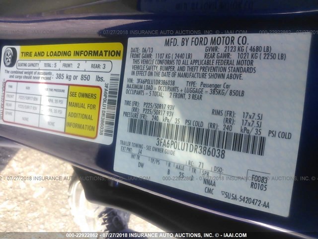 3FA6P0LU1DR386038 - 2013 FORD FUSION SE HYBRID BLUE photo 9