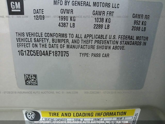 1G1ZC5E04AF187075 - 2010 CHEVROLET MALIBU 1LT 金色 照片 9